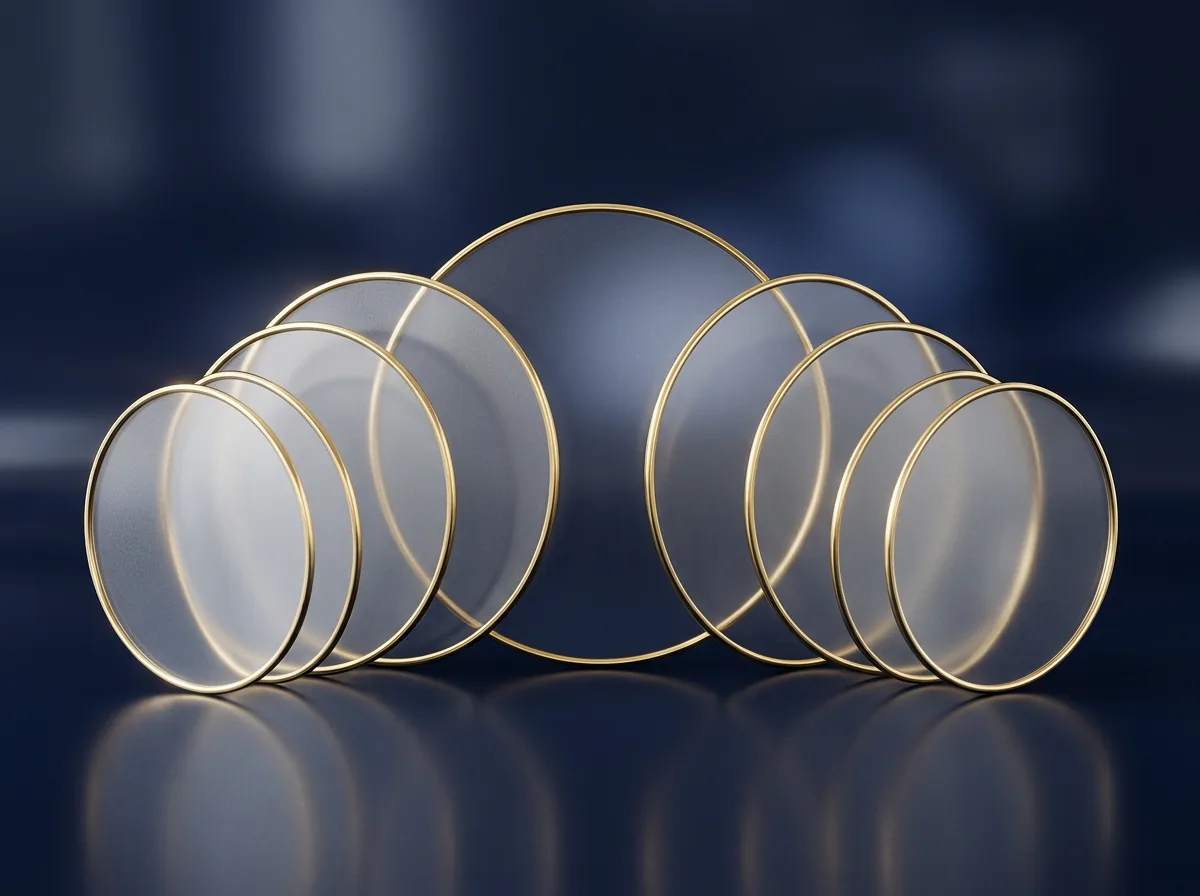 Frosted glass discs with gold rims overlapping on a navy background, symbolizing partnership.